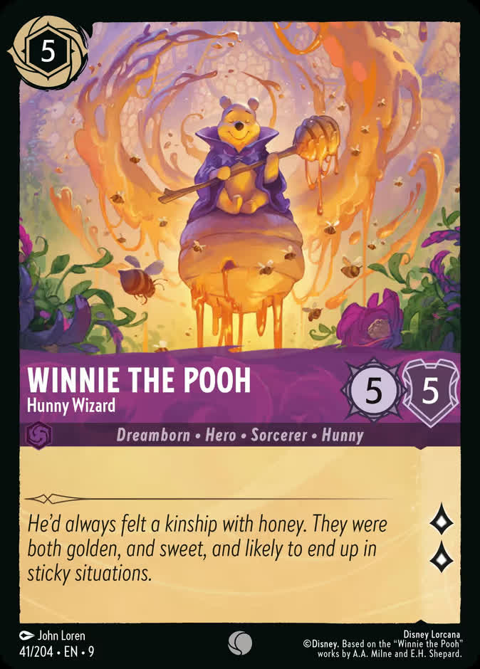 The Disney Lorcana card Winnie the Pooh - Hunny Wizard from Fabled, a 5-ink Amethyst common with 5 Strength and 5 Willpower, showing Pooh in purple wizard robes sitting atop a honey-dripping beehive shaped like a robe, holding a honey-dipper staff while bees and ribbons of honey swirl around him.