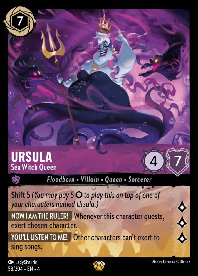 The Disney Lorcana card Ursula - Sea Witch Queen from Ursula's Return, a 7-ink Amethyst legendary with 4 Strength and 7 Willpower, showing a crowned Ursula holding the golden trident while Flotsam and Jetsam coil beside her.