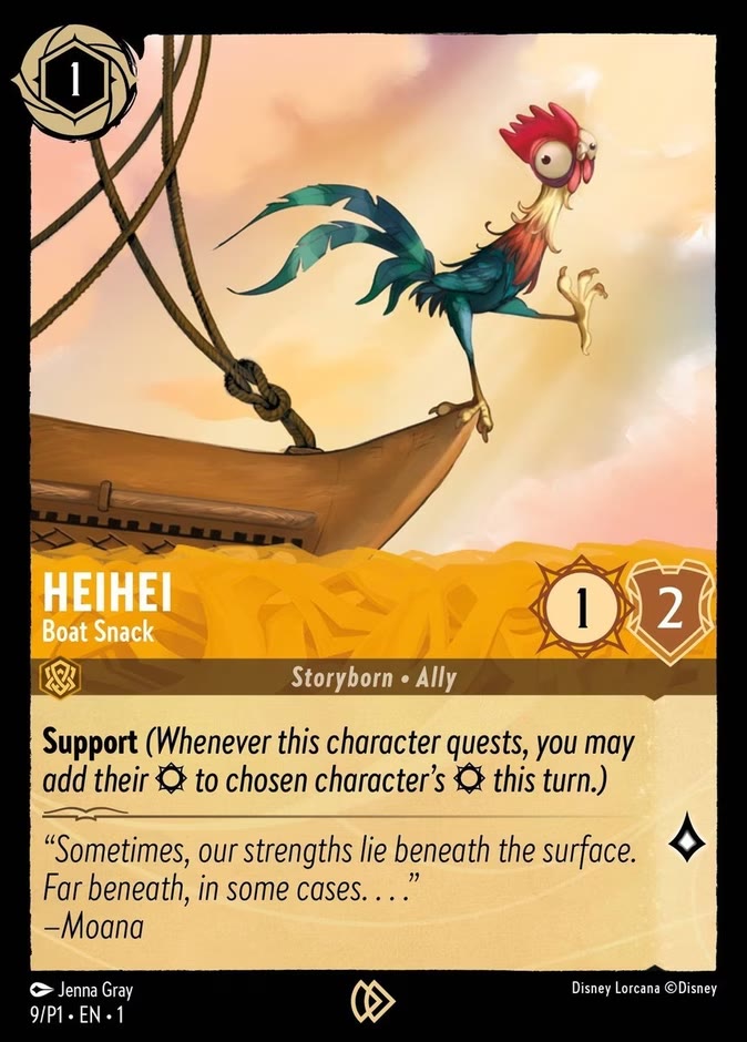 The Disney Lorcana league promo card HeiHei - Boat Snack, numbered 9/P1, a 1-ink Amber ally with Support whose art shows the rooster HeiHei mid-stride on the prow of Moana's boat.