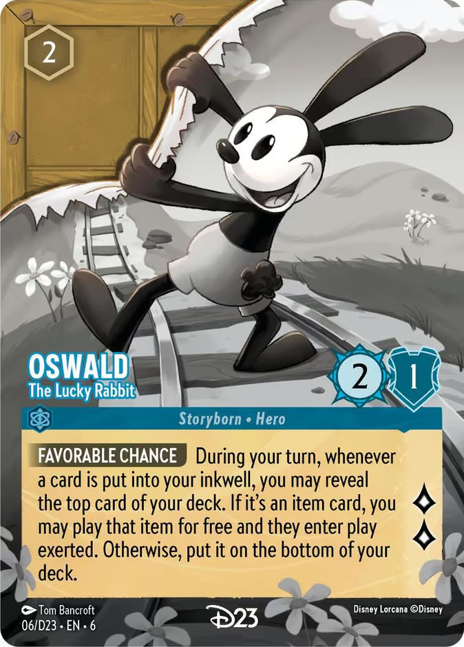The Disney Lorcana card Oswald - The Lucky Rabbit from the D23 Collection, numbered 06/D23, a 2-ink Sapphire character with 2 Strength and 1 Willpower, rendered in black-and-white expanded art of Oswald strolling along a railway line.