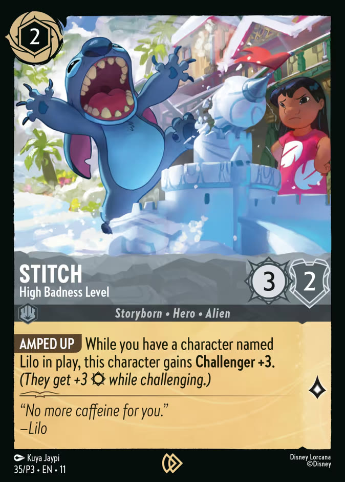 The promo-stamped Disney Lorcana card Stitch - High Badness Level, numbered 35/P3, a 2-ink Steel common with 3 Strength and 2 Willpower showing Stitch gleefully smashing a snow castle while Lilo glares at him.