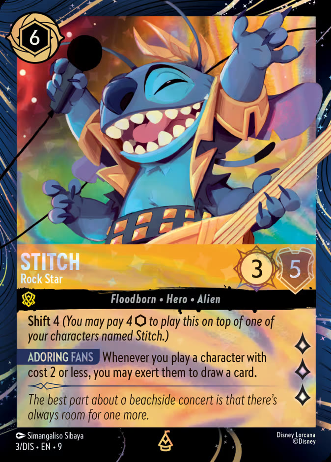 The Disney Lorcana card Stitch - Rock Star from the EPCOT Festival of the Arts promo series, numbered 3/DIS, a 6-ink Amber Floodborn character with Shift 4 and the Adoring Fans ability, showing Stitch in a rocker jacket holding a microphone with a guitar slung behind him.