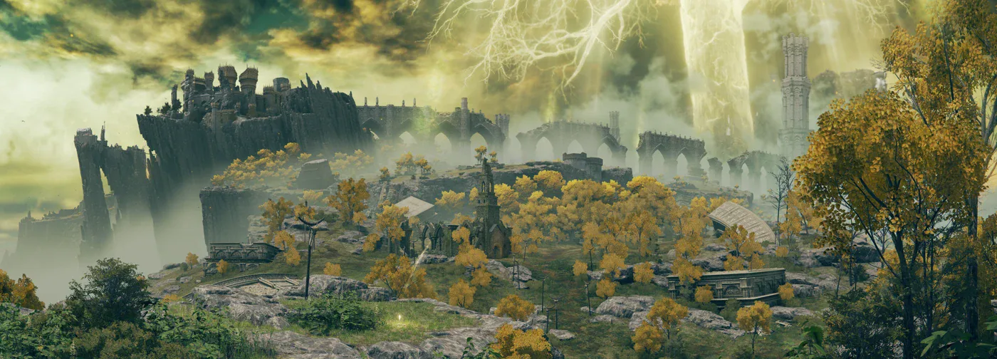 The view from the First Step Site of Grace in Limgrave, the opening vista of Elden Ring with the Erdtree on the horizon.