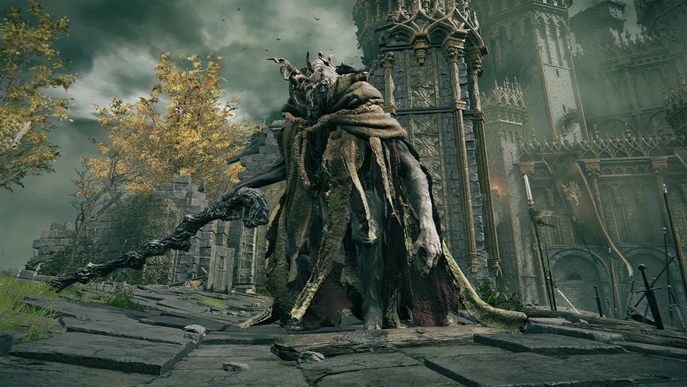 Margit, the Fell Omen, the gatekeeper boss outside Stormveil Castle with 4,174 HP in the Limgrave encounter.