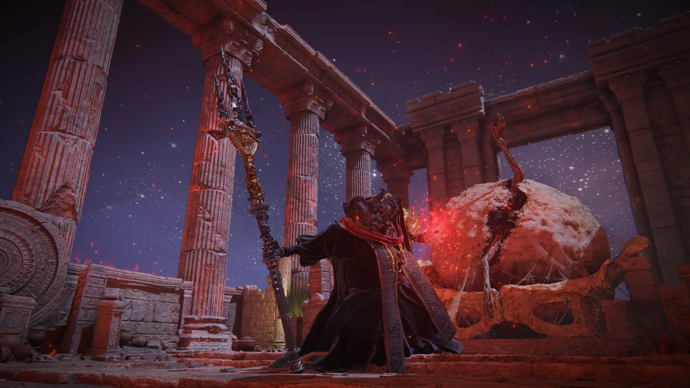 Mohg, Lord of Blood in his phase 1 form, wielding his trident in the Mohgwyn Dynasty Mausoleum before the Bloodboon Ritual transformation.