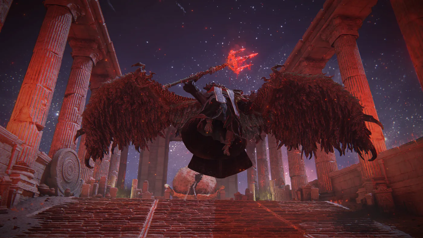 Mohg, Lord of Blood transformed into his winged phase 2 form, trident wreathed in bloodflame, mid-fight in the Mohgwyn Dynasty Mausoleum.