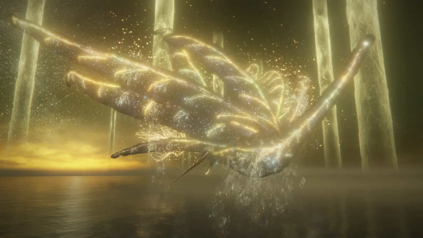 The Elden Beast flying low over the water, its glowing golden translucent wings spread wide between pale pillars of light.
