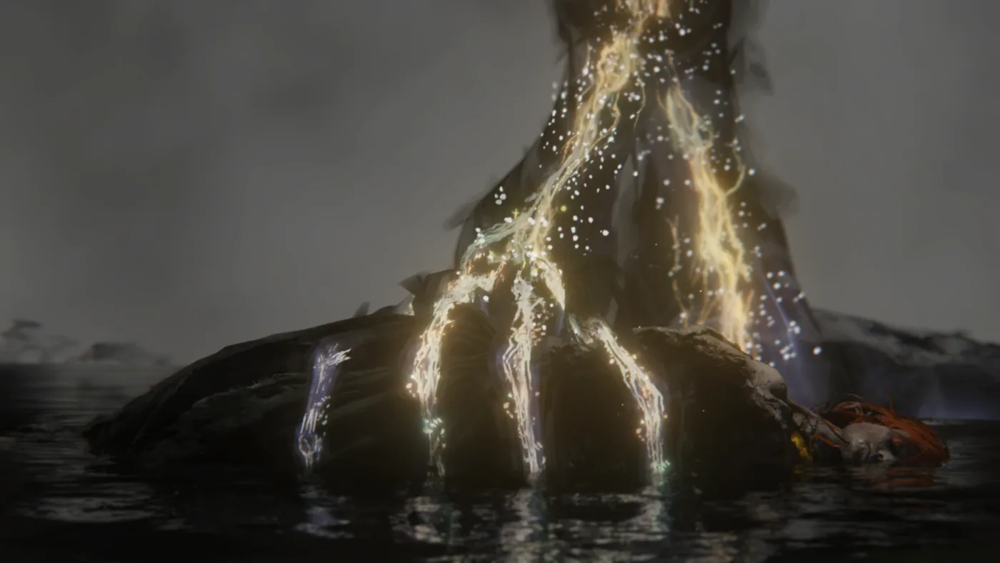 The Elden Beast's huge dark hand, streaked with glowing gold veins, closing over Radagon's fallen body in shallow water, a flash of his red hair at its edge, as the second half of the final boss begins.