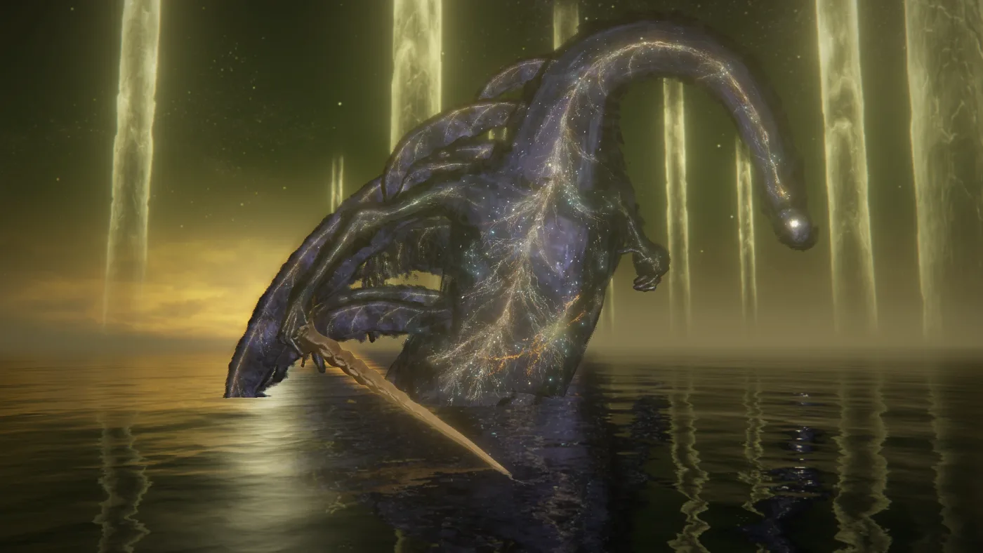 The Elden Beast rising out of shallow golden water, a long serpentine neck ending in a glowing orb, its dark translucent body speckled like a night sky and holding a long golden sword, with pale pillars of light behind it.