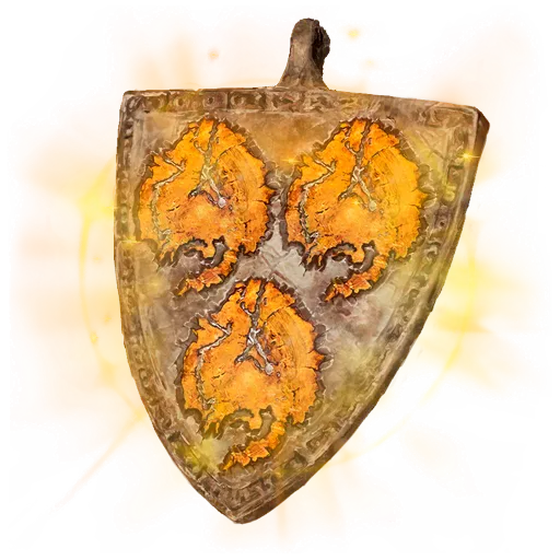 The Haligdrake Talisman +2 icon from Elden Ring, a weathered shield-shaped pendant bearing three golden-orange dragons, which raises holy damage negation by 20 percent.
