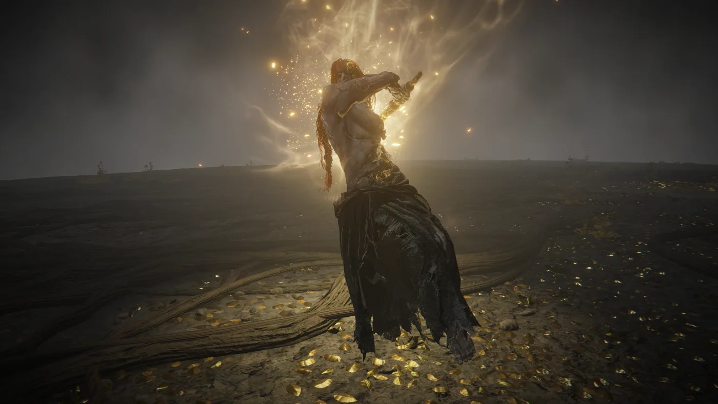 Radagon of the Golden Order, red hair falling over a bare torso and a long dark ragged skirt, raising his hammer as golden light bursts above him on the Stone Platform inside the Erdtree.