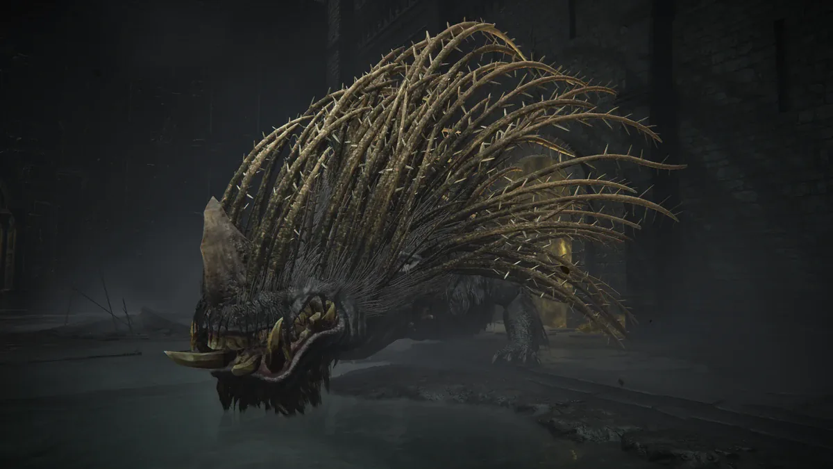 The Golden Hippopotamus boss from Shadow of the Erdtree, a massive thorn-backed beast fought in the Main Plaza of Shadow Keep.
