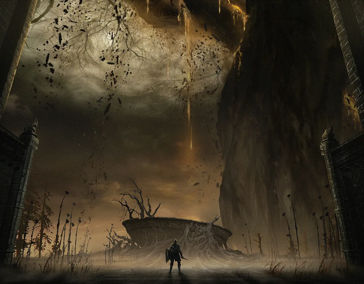 Concept art of the Scadutree Chalice, the root-wrapped basin in northwestern Scaduview that holds five Scadutree Fragments.