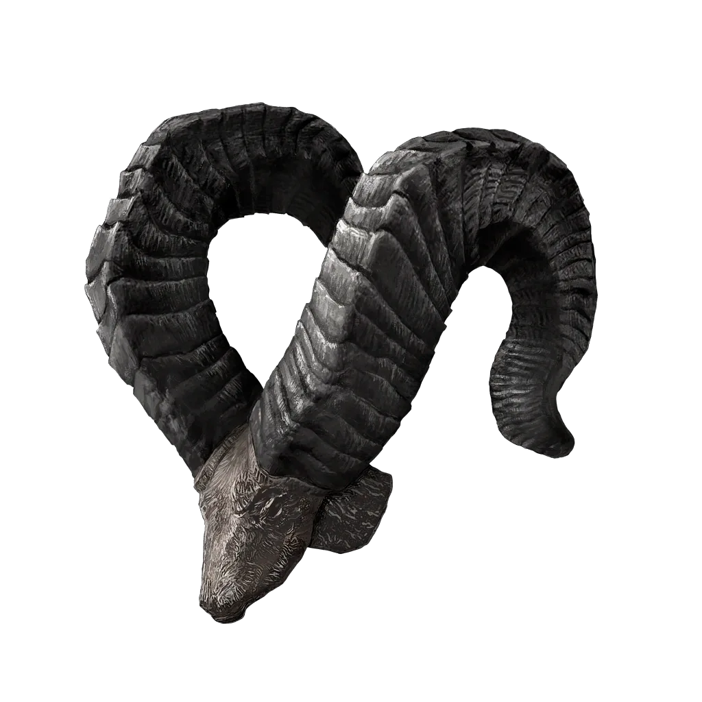 The Bull-Goat's Talisman icon from Elden Ring, depicting the horns of a bull-goat, which raises poise.