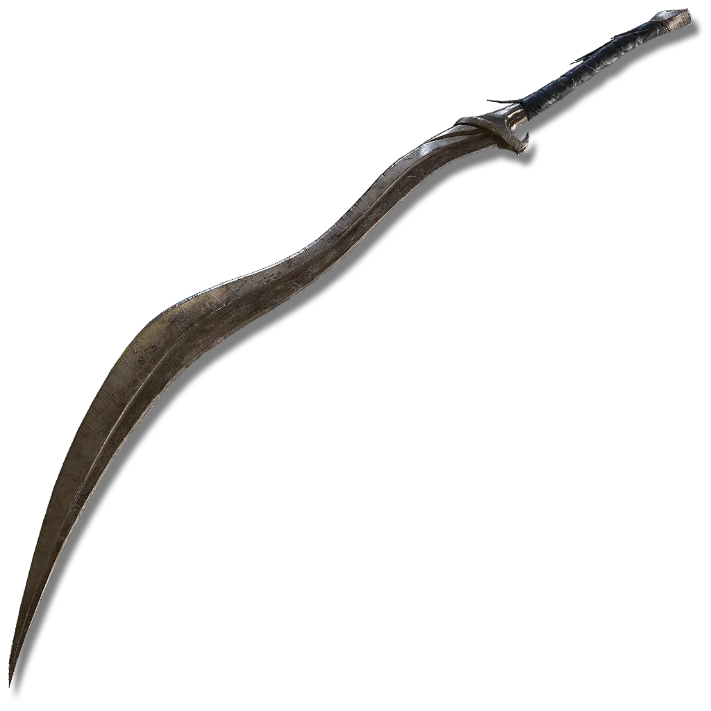Bloodhound's Fang, a curved greatsword with 141 base physical attack power, D Strength and C Dexterity scaling, and 55 Blood Loss buildup.