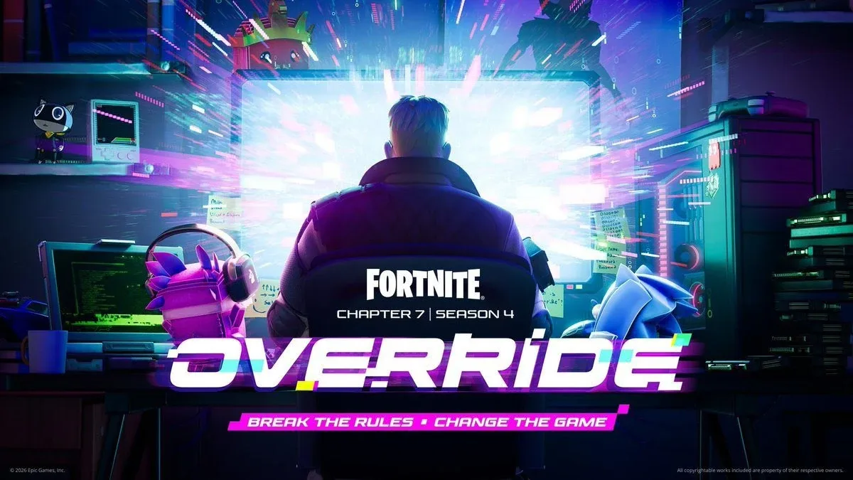 Promotional key art for Fortnite Chapter 7 Season 4: Override, the season that added the Admin Panel, Loot Hacks, Cheat Codes and Match Overrides.