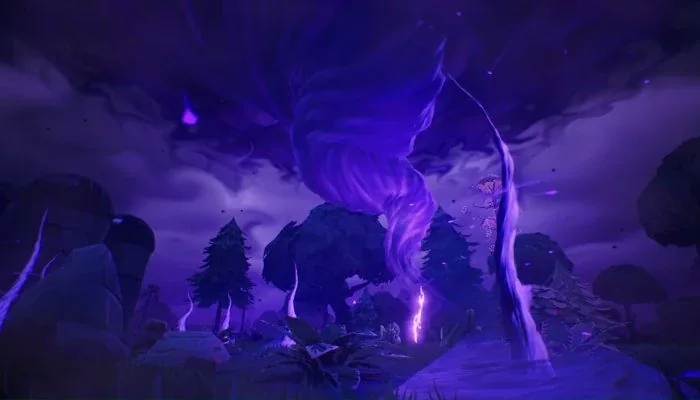 The purple Fortnite storm wall closing over the map — storm timing and lobby numbers are core inputs to every game-sense decision.