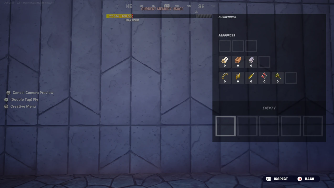 The Fortnite inventory screen showing the five-slot hotbar alongside stored materials, ammo, and currency.