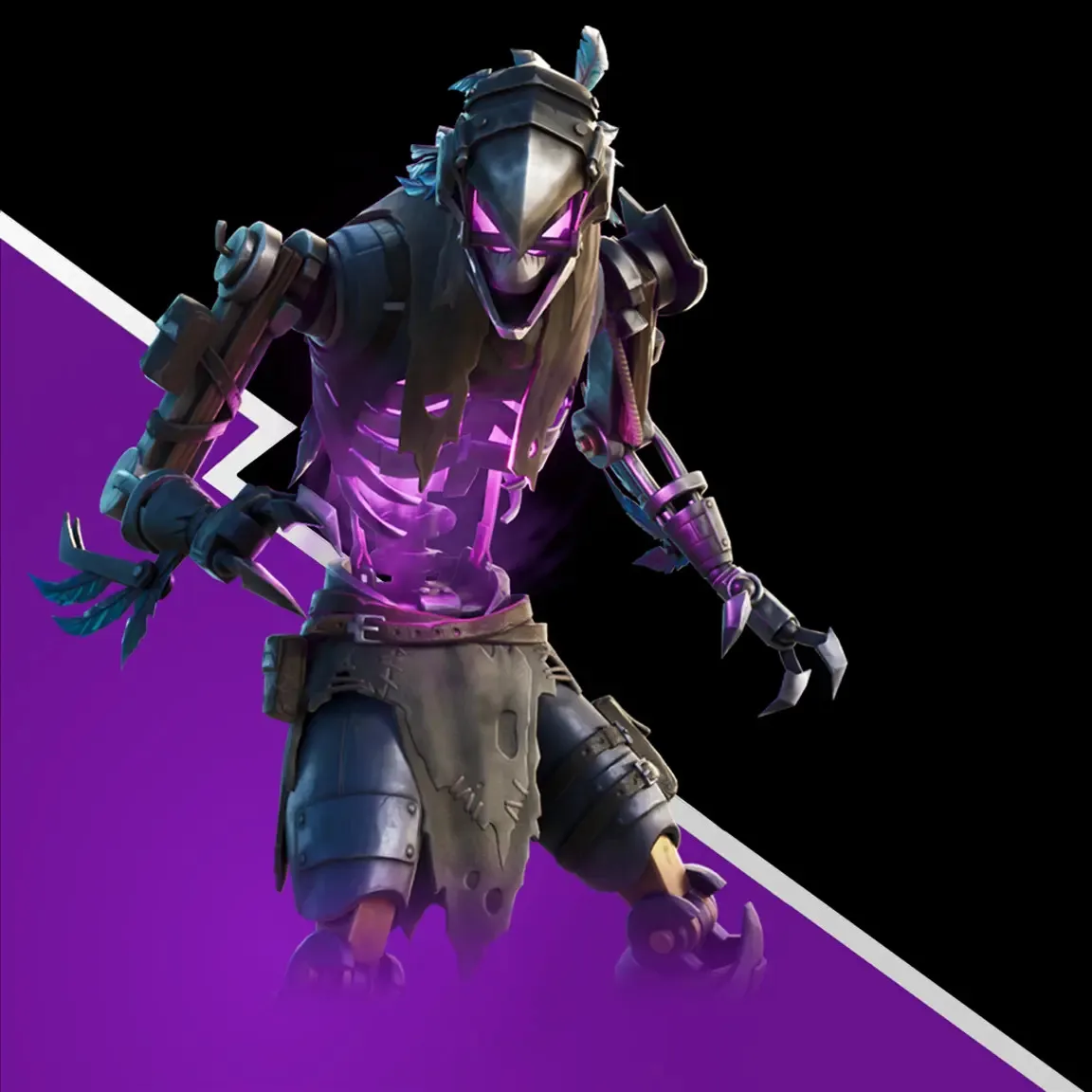 Epic's Grave Feather promo for Save the World: a skeletal figure in a steel beaked helmet with glowing pink eyes, a glowing pink ribcage under a torn grey tabard, blue feathers on the helmet, a wooden arm ending in claws on the viewer's left and a metal pincer claw on the right, on a split purple and black background.