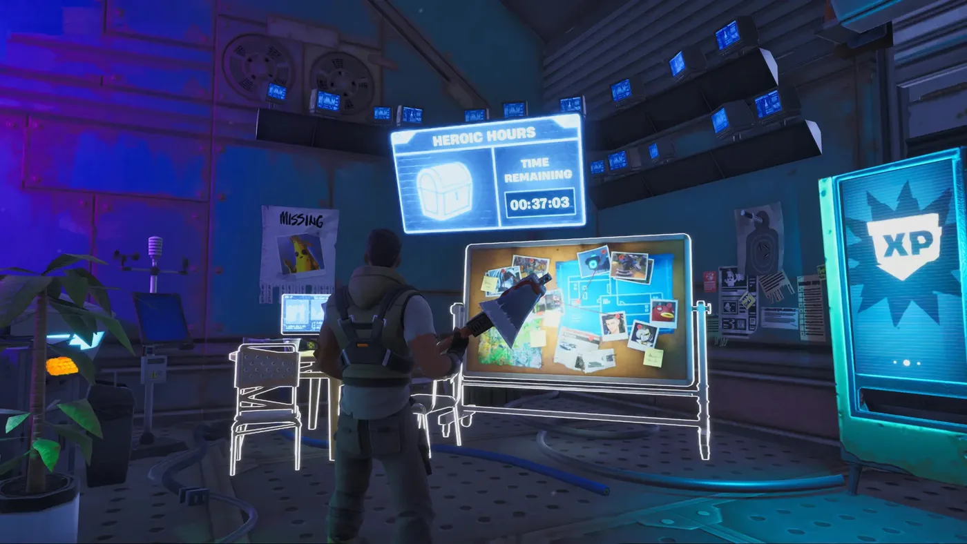 Epic's Heroic Hours promo for Save the World: a soldier holding an axe stands in a dim Homebase room facing a glowing holographic sign reading Heroic Hours, with a chest icon and a Time Remaining counter showing 00:37:03, above a corkboard covered in photos and a map, with an XP vending machine on the right.
