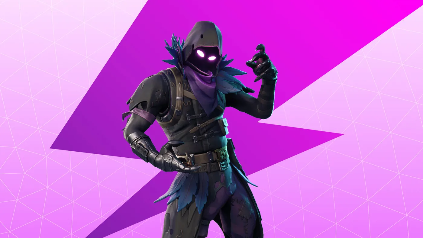 Epic's Raven promo for Save the World: a hooded figure in black with glowing white eyes, a collar of dark blue feathers, a purple scarf and a clawed black glove raised beside his face, on a magenta lightning-bolt background.