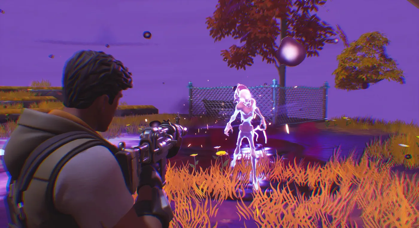 Epic's Challenge the Rift promo for Save the World: a soldier in a hooded vest, seen from behind, aims an assault rifle at a glowing white skeletal husk standing in purple mist beside a chain-link fence, under a purple storm sky with dark orbs floating in it and orange grass in the foreground.