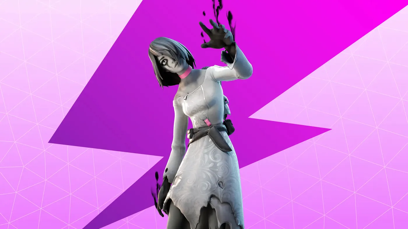 Epic's Willow promo for Save the World: a pale, grey-skinned girl with a dark bob and a pink choker, wearing a torn white dress with a knife at her belt, raises one hand trailing black smoke against a magenta lightning-bolt background.