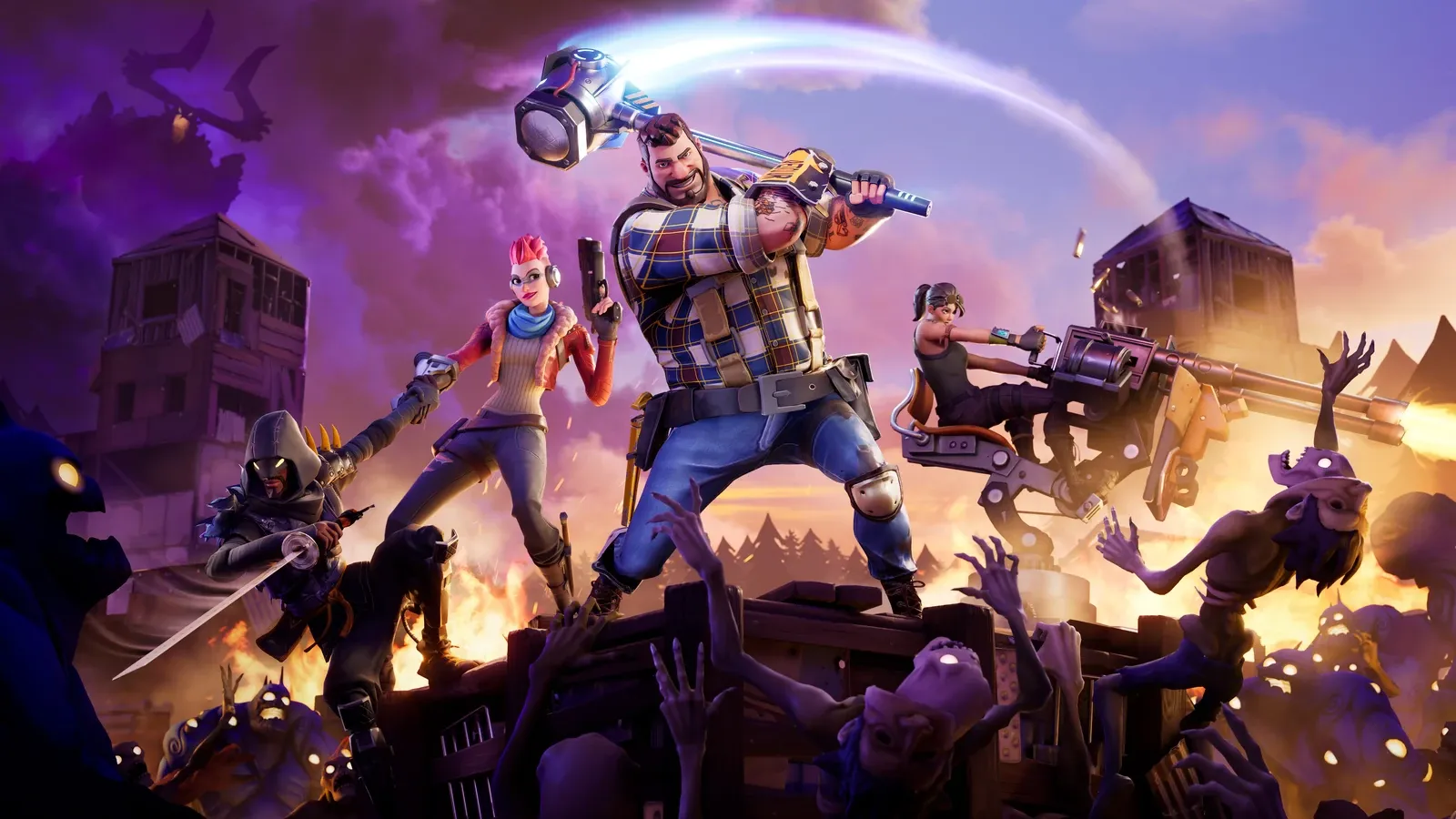 Save the World key art — four heroes stand on a wooden fort fighting off a horde of husks under a purple storm sky, with a mounted turret firing on the right.