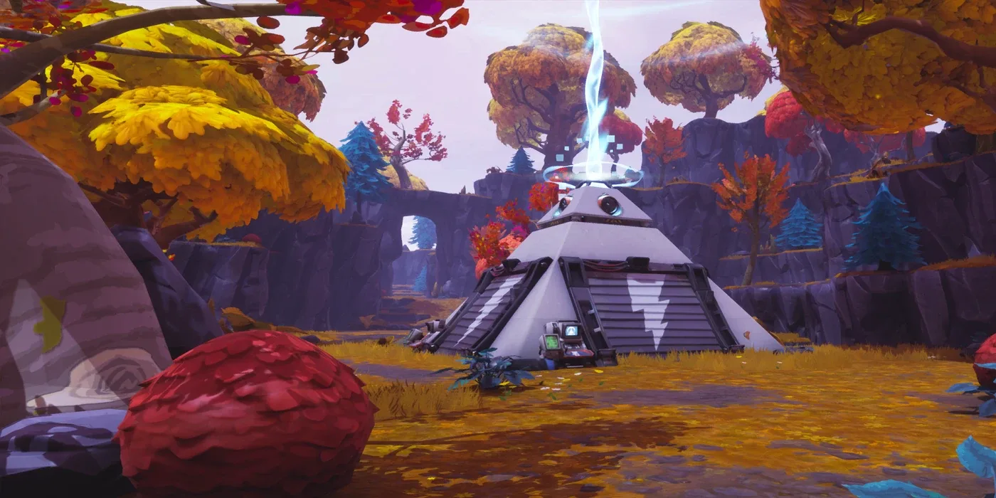 The storm shield generator in Plankerton — a white pyramid-shaped device firing a beam into the sky, the home base you expand and defend in each zone.