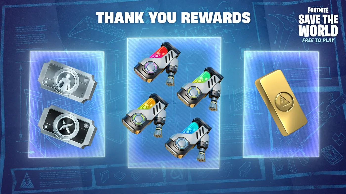 Epic's Thank You Rewards promo for the Save the World free-to-play launch — recruitment and research vouchers, a stack of Superchargers, and a gold bar on a blueprint background.