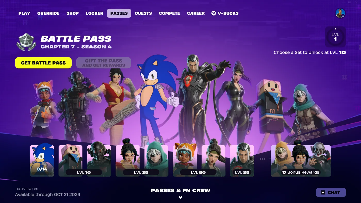 Fortnite's Passes tab at the launch of Chapter 7 Season 4: the Battle Pass header with a yellow Get Battle Pass button and a greyed-out Gift the Pass and Get Rewards button, the eight pass characters including Sonic and Geno lined up in the middle, a row of character tiles marked Level 10, 35, 60 and 85 plus Bonus Rewards, a Level 1 badge top right, and small text bottom left reading Available through OCT 31 2026.