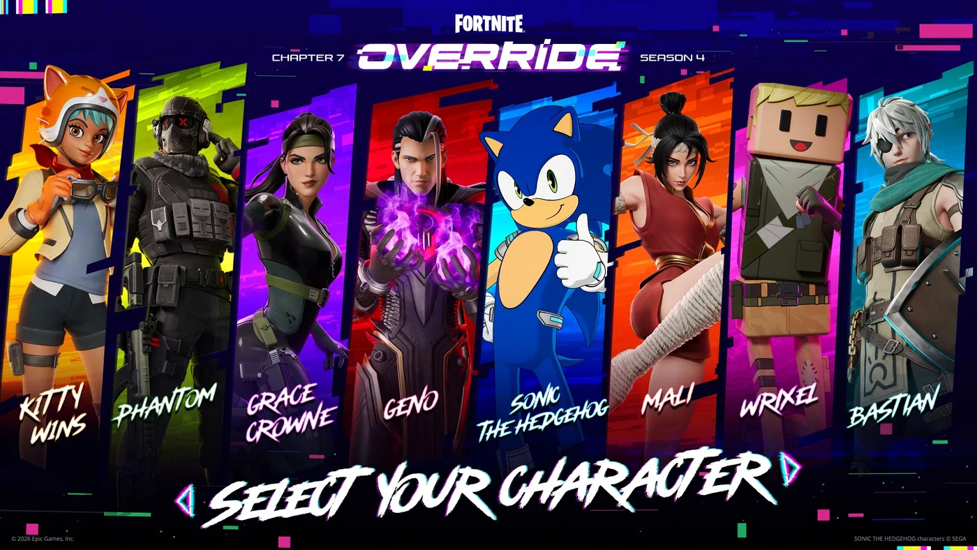 Epic's Chapter 7 Season 4 Override Battle Pass art: eight characters in tall coloured panels under the Fortnite Override logo, labelled Kitty Wins, Phantom, Grace Crowne, Geno, Sonic the Hedgehog, Mali, Wrixel and Bastian, above the words Select Your Character.