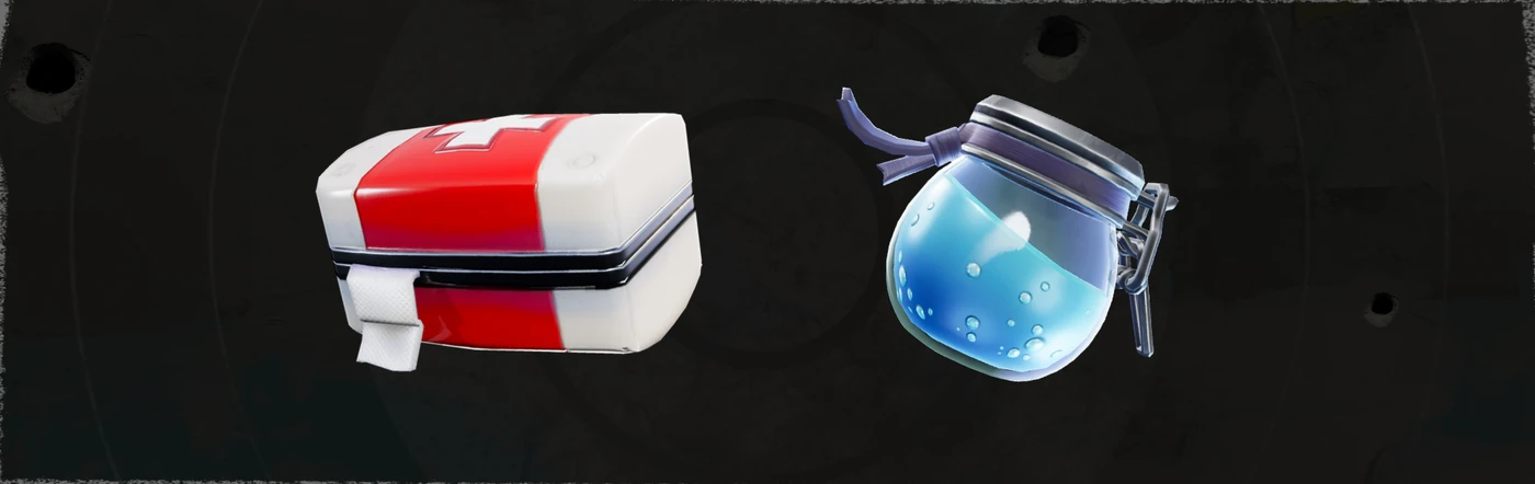 A Fortnite Med Kit and Shield Potion shown together — the two slow, full-value heals that anchor a healing loadout.