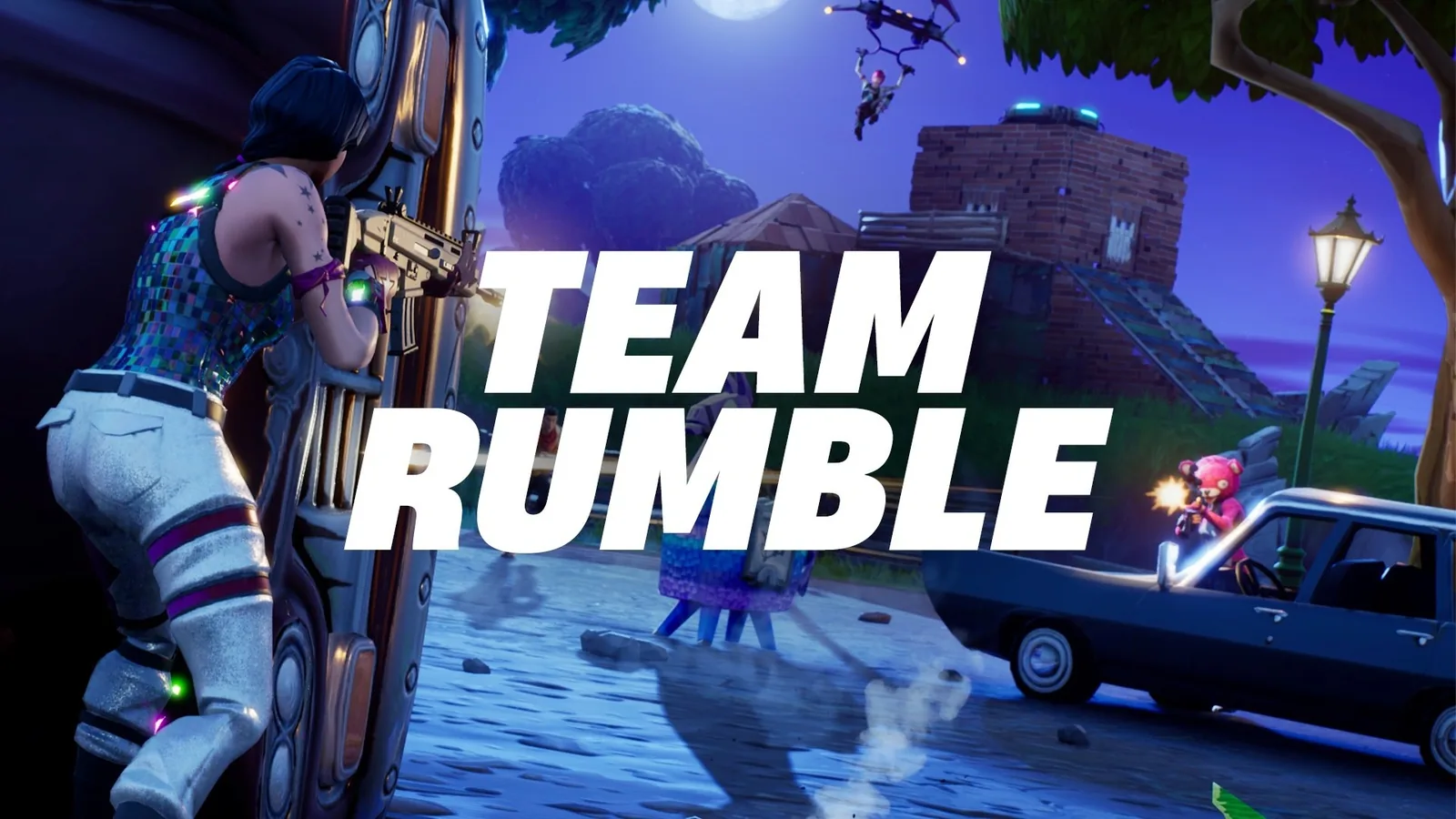 A Fortnite team-mode firefight with multiple players grouped up — squad play is about fighting together, not four solo games at once.