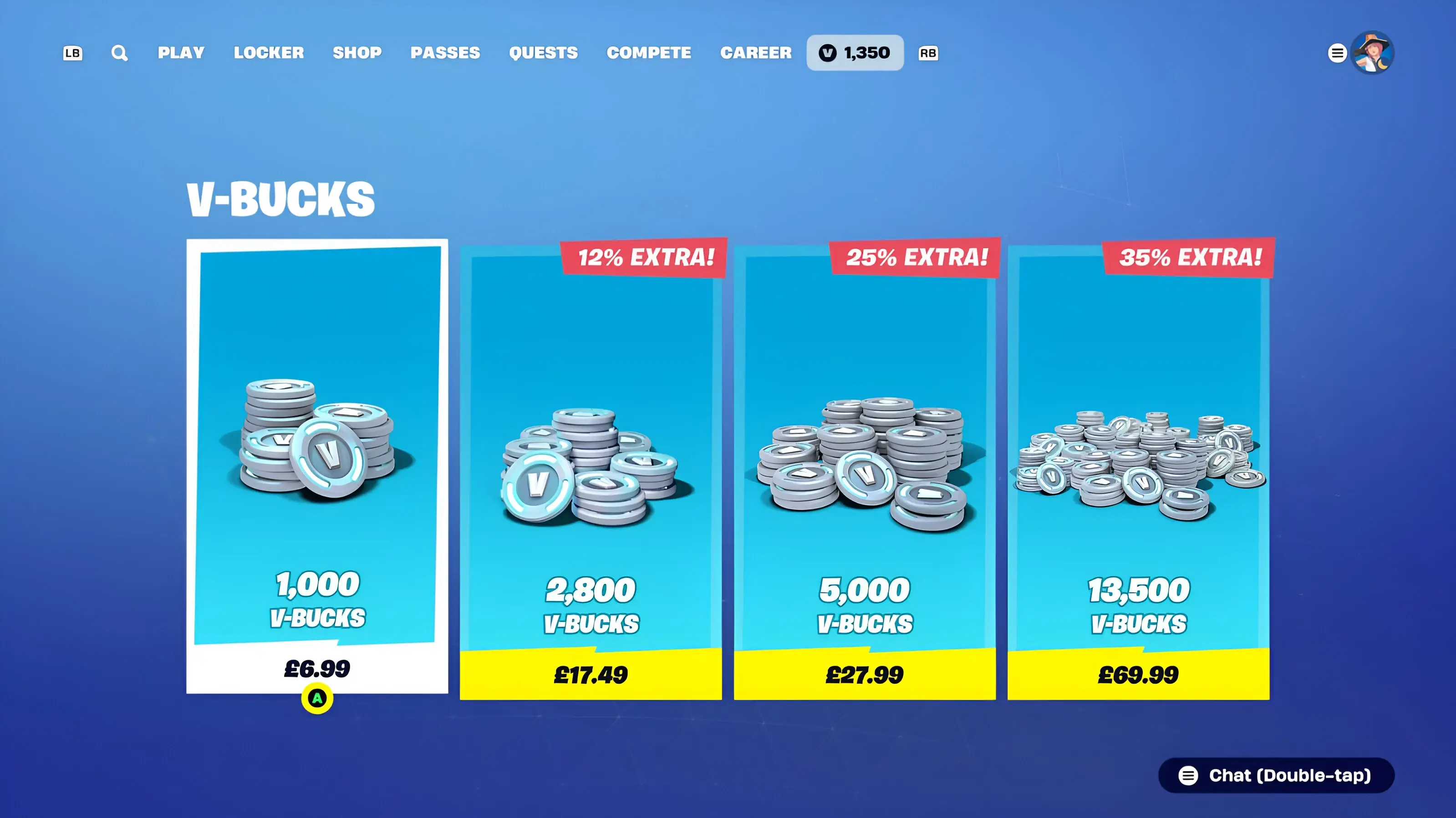 Fortnite V-Bucks purchase tab — the in-game screen where V-Bucks bundles are shown, the currency used across the Item Shop and Battle Pass.