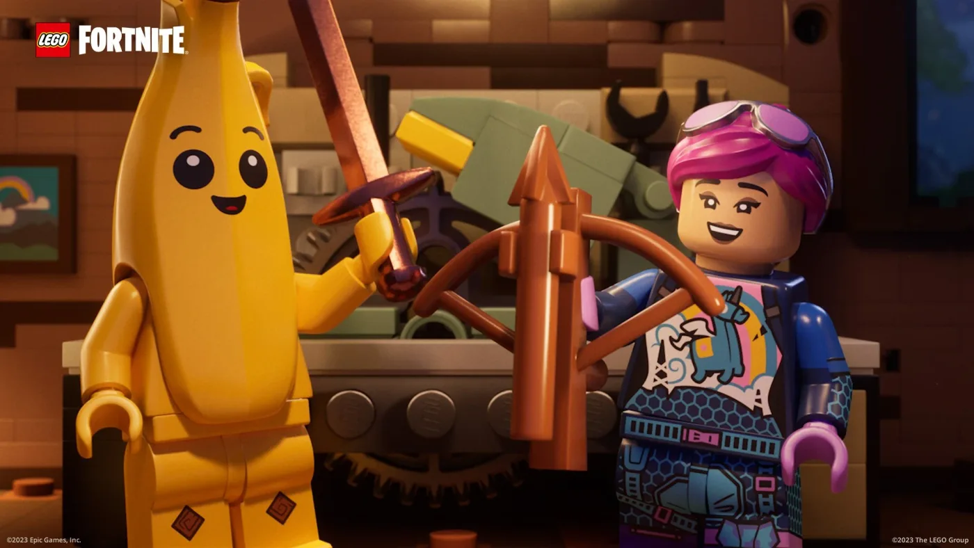 Peely and Brite Bomber working at a Crafting Bench in LEGO Fortnite — villagers can be assigned to run stations like this one.
