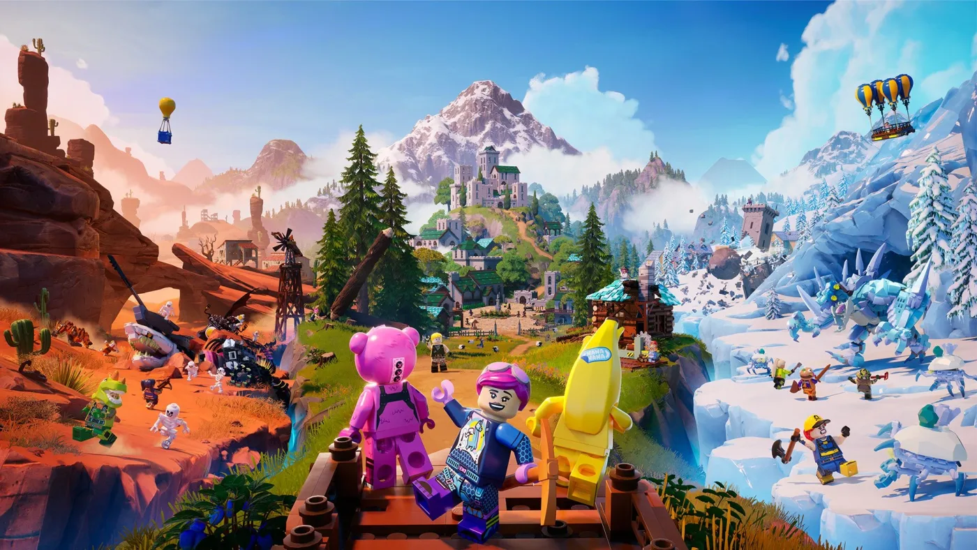 LEGO Fortnite key art — minifigure versions of Fortnite characters exploring a brick-built open world of grassland, cliffs, and forest.