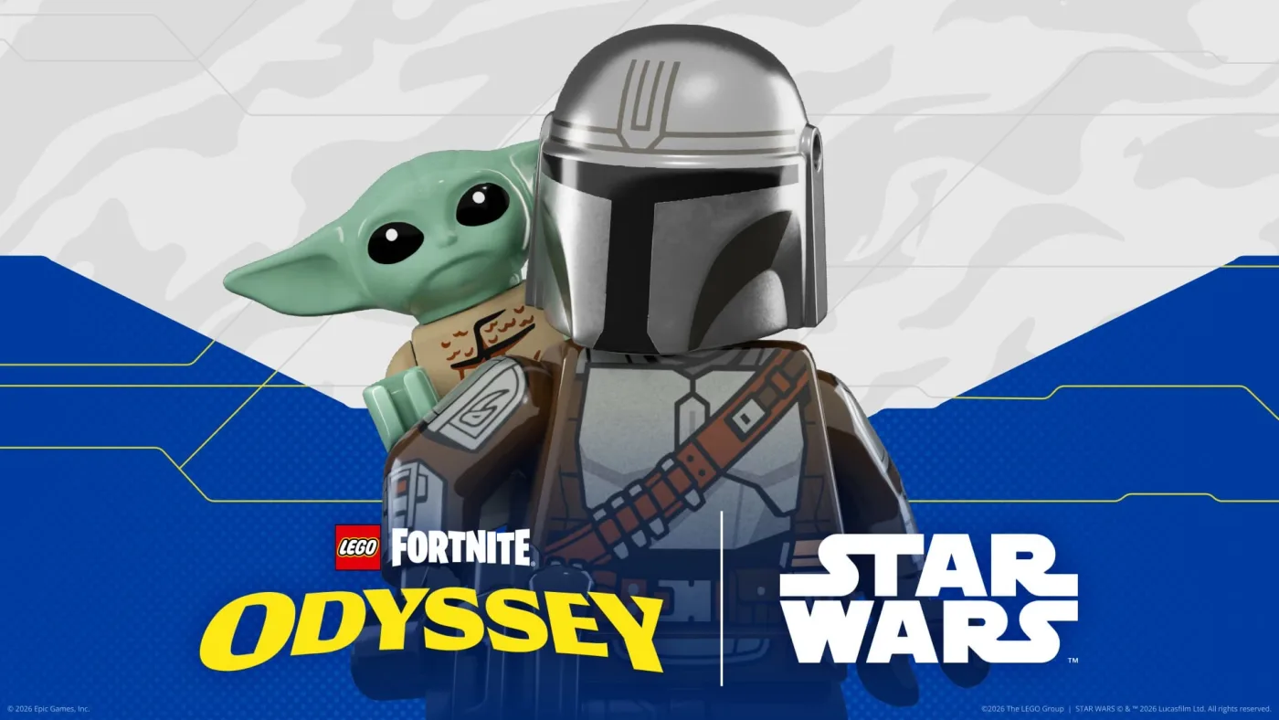 Star Wars Galactic Builds key art for LEGO Fortnite Odyssey, the update that added the Hover Brick and craftable lightsabers.