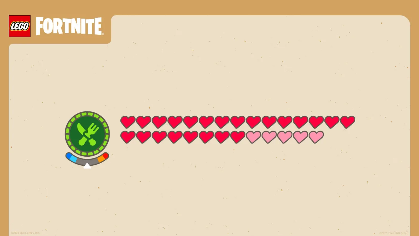 The LEGO Fortnite survival meters promo image showing the on-screen health and status indicators.
