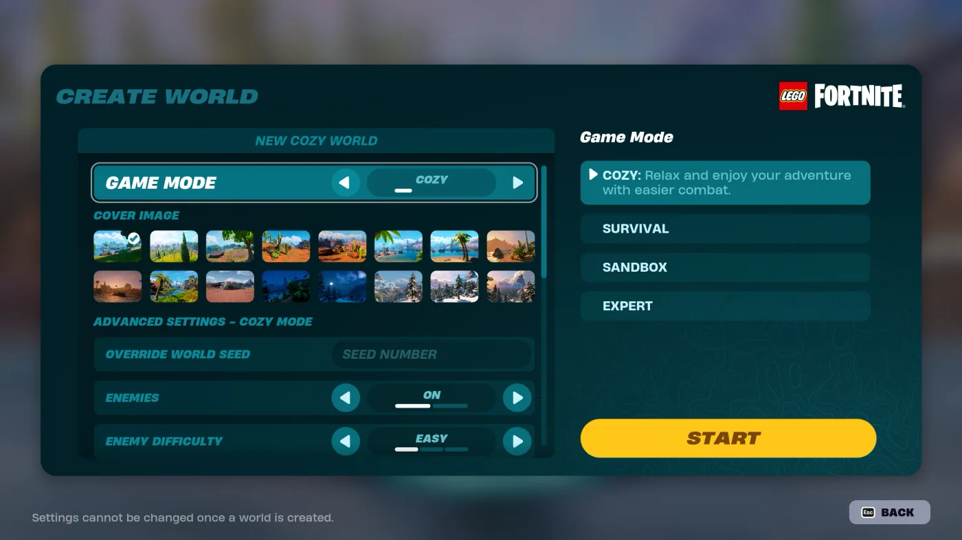 The LEGO Fortnite world creation menu, showing the Cozy, Survival, Sandbox, and Expert world type options.
