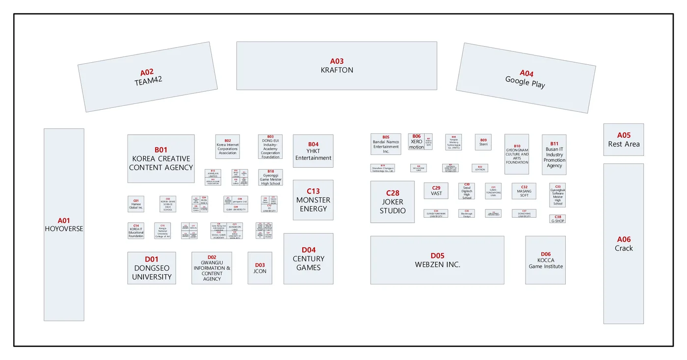 The official G-STAR 2026 floor plan of BEXCO Exhibition Center 1: HoYoverse (A01) in a tall strip down the left wall; Team42 (A02), KRAFTON (A03) and Google Play (A04) in three large blocks across the top; a rest area (A05) and Crack (A06) down the right wall; Webzen (D05) as a long block at the bottom right; and rows of smaller numbered booths in the middle, including Korea Creative Content Agency (B01), Bandai Namco Entertainment (B05), Monster Energy (C13), Joker Studio (C28) and Century Games (D04).