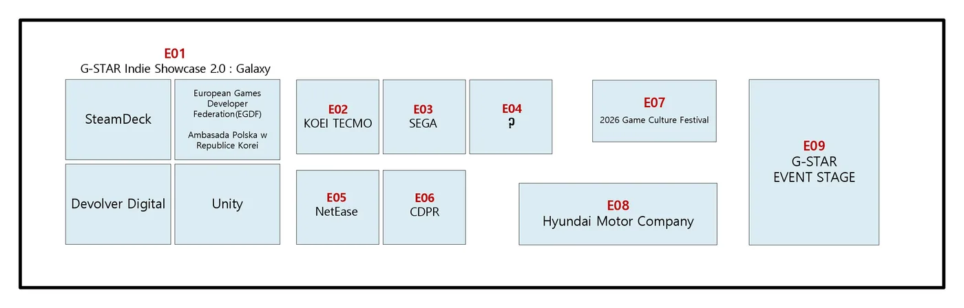 The official G-STAR 2026 floor plan of BEXCO Exhibition Center 2: the Indie Showcase 2.0: Galaxy block (E01) on the left, split into Steam Deck, Devolver Digital, Unity, and the European Games Developer Federation with the Polish embassy; then KOEI TECMO (E02), SEGA (E03), an unnamed booth marked with a question mark (E04), NetEase (E05) and CDPR (E06); then the 2026 Game Culture Festival (E07), Hyundai Motor Company (E08) and the G-STAR Event Stage (E09) on the right.