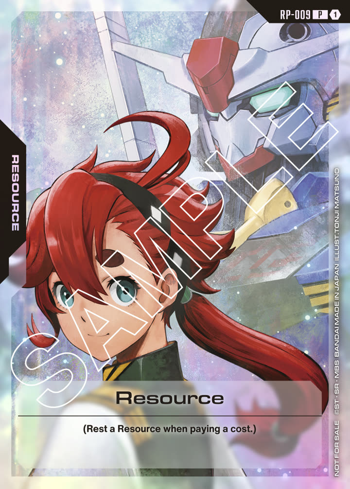 Bandai's official sample image of GUNDAM CARD GAME promo card RP-009: a red-haired character in a dark green and black uniform in the foreground, the white and red head of a Gundam mobile suit behind her against an iridescent pale starfield, with the card type RESOURCE down the left edge, the text "Resource — Rest a Resource when paying a cost." across the lower panel, and large diagonal SAMPLE lettering plus a NOT FOR SALE notice printed over the art.