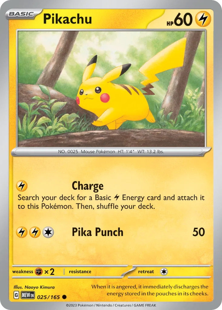 The Pokemon card Pikachu 025/165 from the 151 set: a yellow-bordered Basic Lightning Pokemon with 60 HP, showing Pikachu mid-stride along a fallen log in a sunlit forest. The attacks read Charge, which searches the deck for a Basic Lightning Energy, and Pika Punch for 50 damage. Illustrated by Naoyo Kimura.