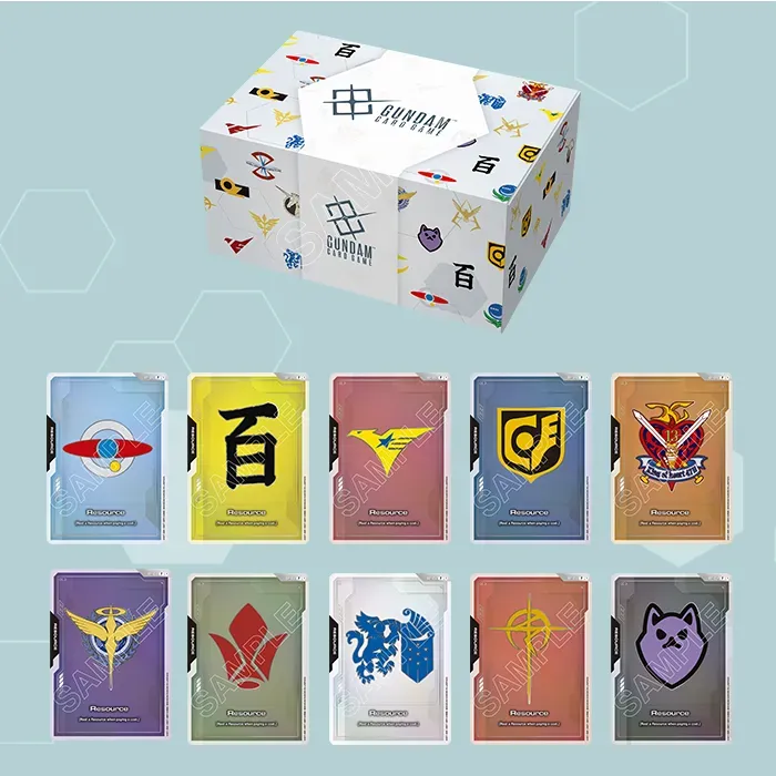 Official Bandai product image on a pale blue hexagon-patterned background: a white Gundam Card Game storage box printed with faction insignia and the Gundam Card Game diamond logo, sitting above two rows of five Resource cards, each in a clear sleeve and printed with a different faction emblem — a winged badge, a large black kanji, a red bird crest, a shield, a lion, an angel wing and a cat sigil — every card overprinted with the word SAMPLE.