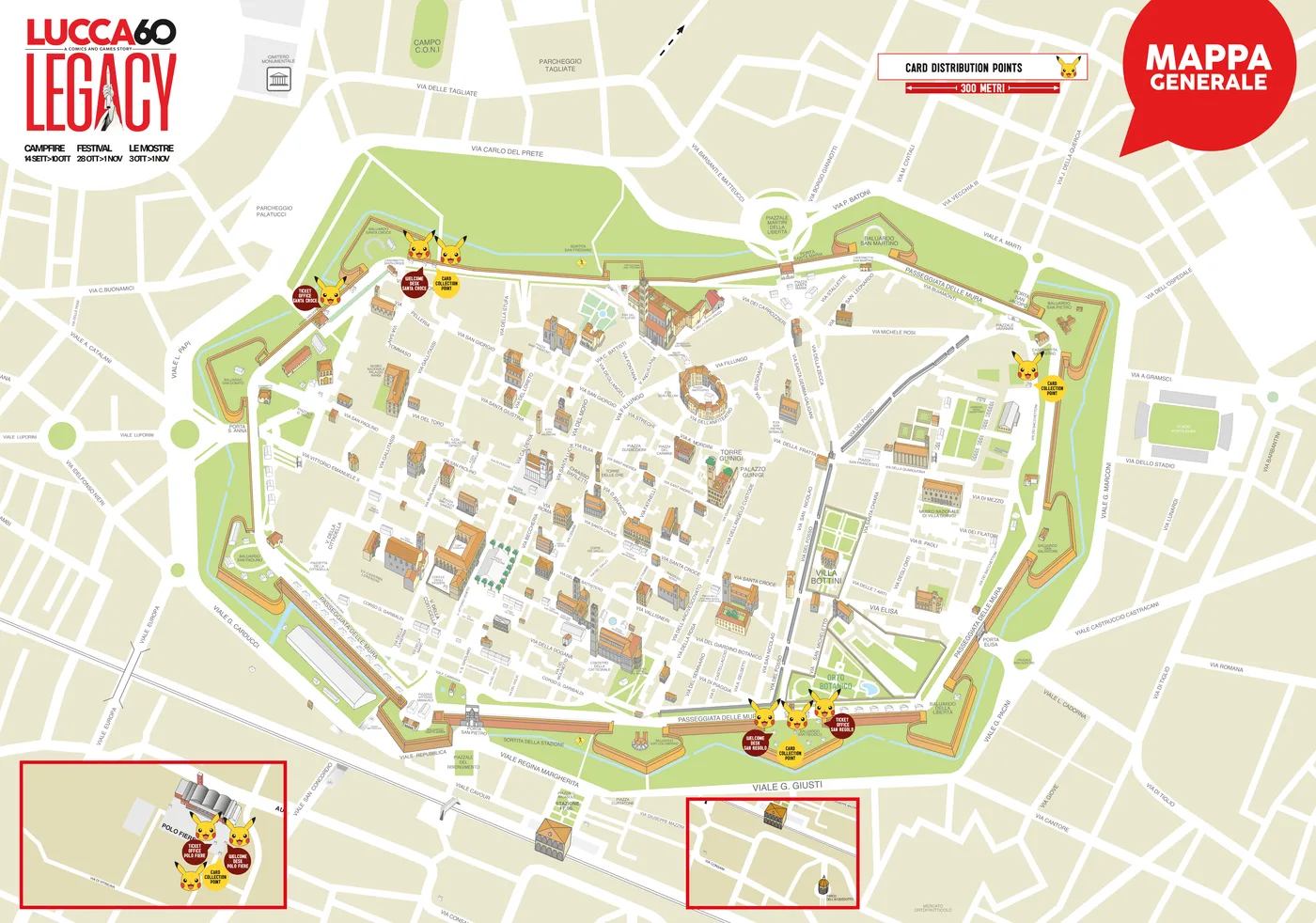 The official Lucca Comics & Games 2026 "Mappa generale" of Lucca's walled centre, with yellow and red Pikachu icons marking the Pikachu card distribution points: a welcome desk, ticket office and card collection point cluster at Baluardo Santa Croce in the north-west, a second cluster at Baluardo San Regolo on the southern walls, a single card collection point on the eastern side of the walls, and an inset for Polo Fiere bottom left. The LUCCA60 LEGACY logo sits top left.