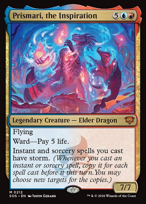 The Magic card Prismari, the Inspiration from Secrets of Strixhaven: a gold-bordered mythic costing five generic, one blue and one red mana, its art showing a horned dragon rearing inside a storm of swirling blue water ribbons, magenta flame and glowing pink orbs. The type line reads Legendary Creature — Elder Dragon, the rules box reads Flying, Ward—Pay 5 life, and Instant and sorcery spells you cast have storm, and the power and toughness box reads 7/7. The bottom line reads M 0212, SOS EN, Justin Gerard.