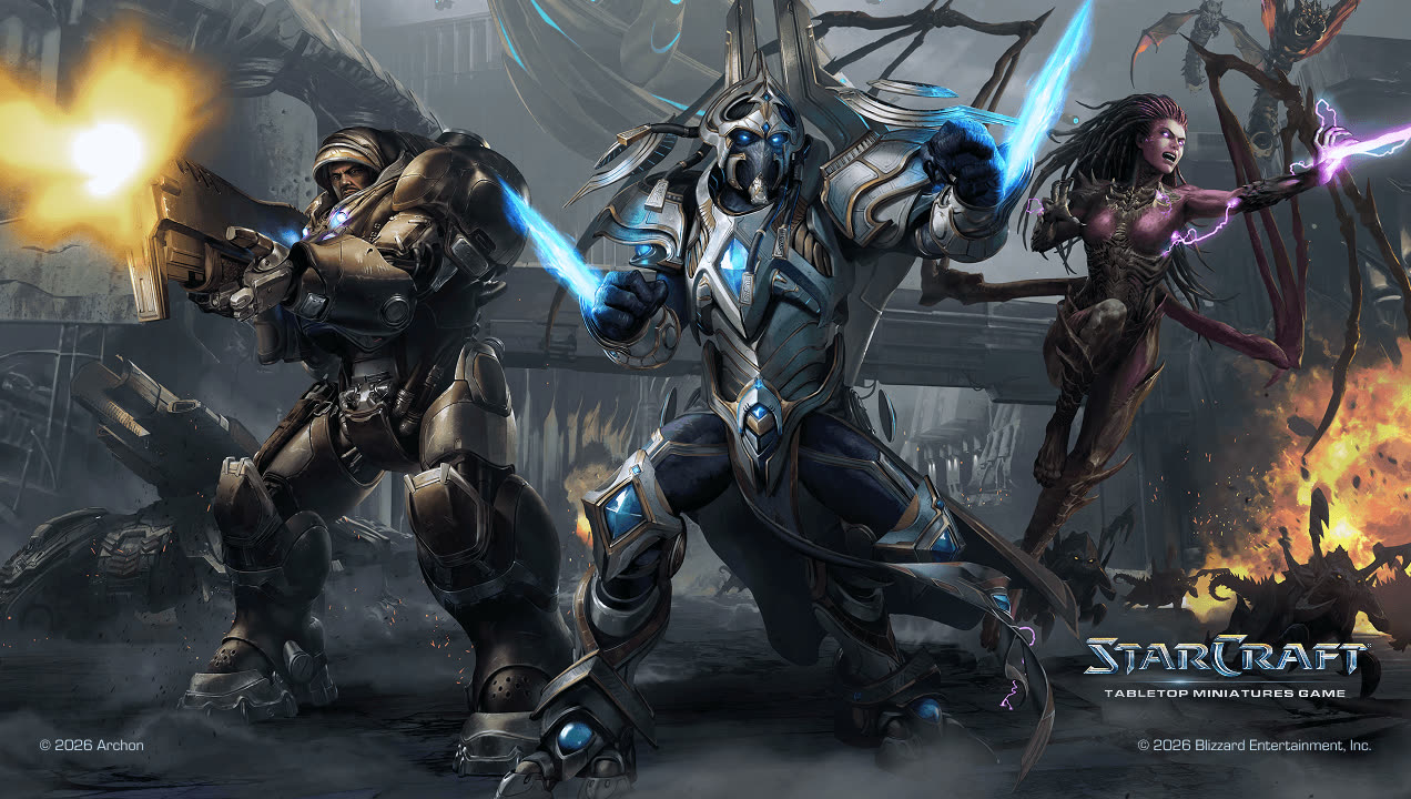 StarCraft: Tabletop Miniatures Game key art showing three characters advancing through a burning industrial ruin: a Terran marine in bulky tan power armour firing a gauss rifle, a blue and gold armoured Protoss with glowing psi-blades extended from both fists, and Sarah Kerrigan as the Queen of Blades with bone wings and crackling purple psionic energy.