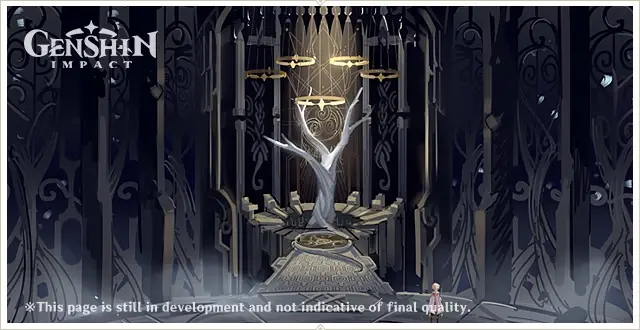 A Genshin Impact domain interior, where artifact sets are farmed at the cost of Original Resin.