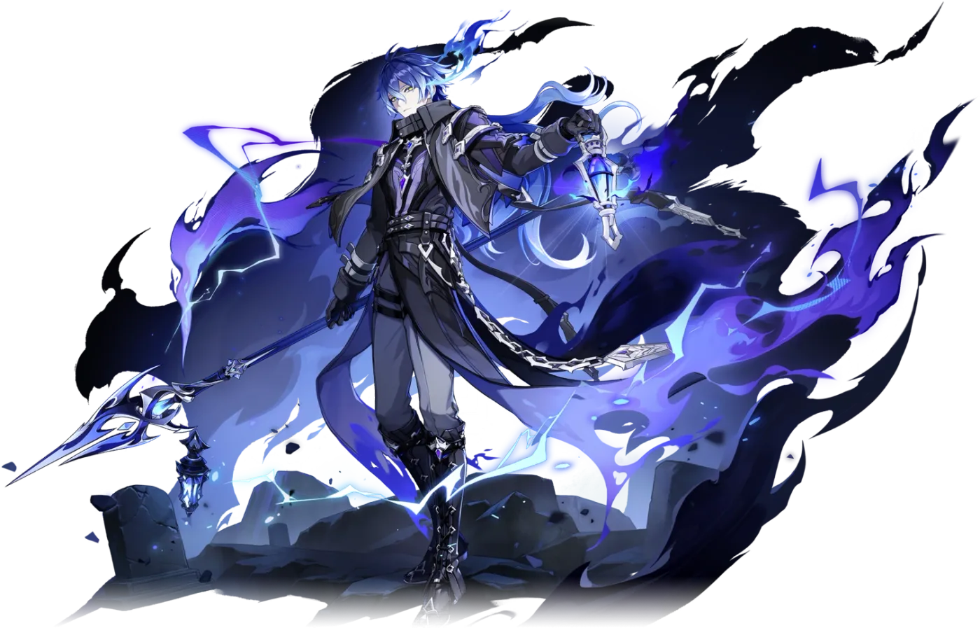 Flins, Genshin Impact's Nod-Krai Lightkeeper, in his character showcase art with his lantern-spear Pocztowy Demonspear.